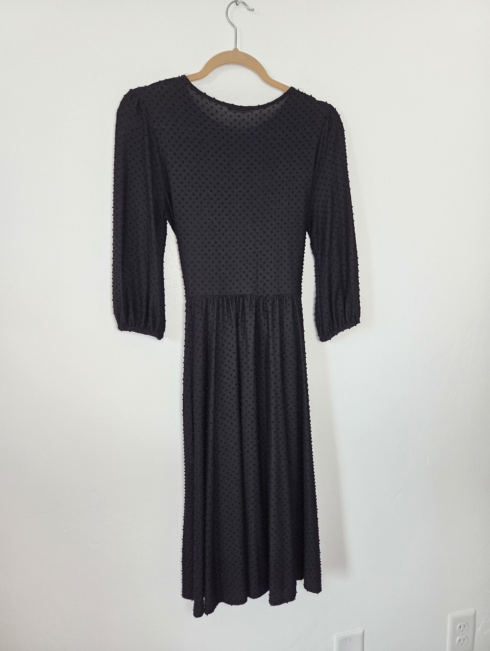 Black Swiss Dot Midi Dress Modest Monochrome Preppy Teacher Church Small Reborn - Picture 10 of 10